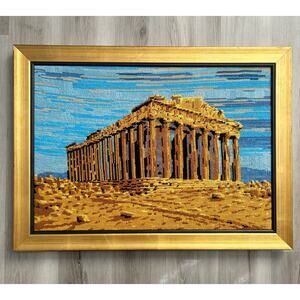 VNTG Large Hand Crafted Parthenon Greek Temple Framed Cross Stitch Wall Art EUC